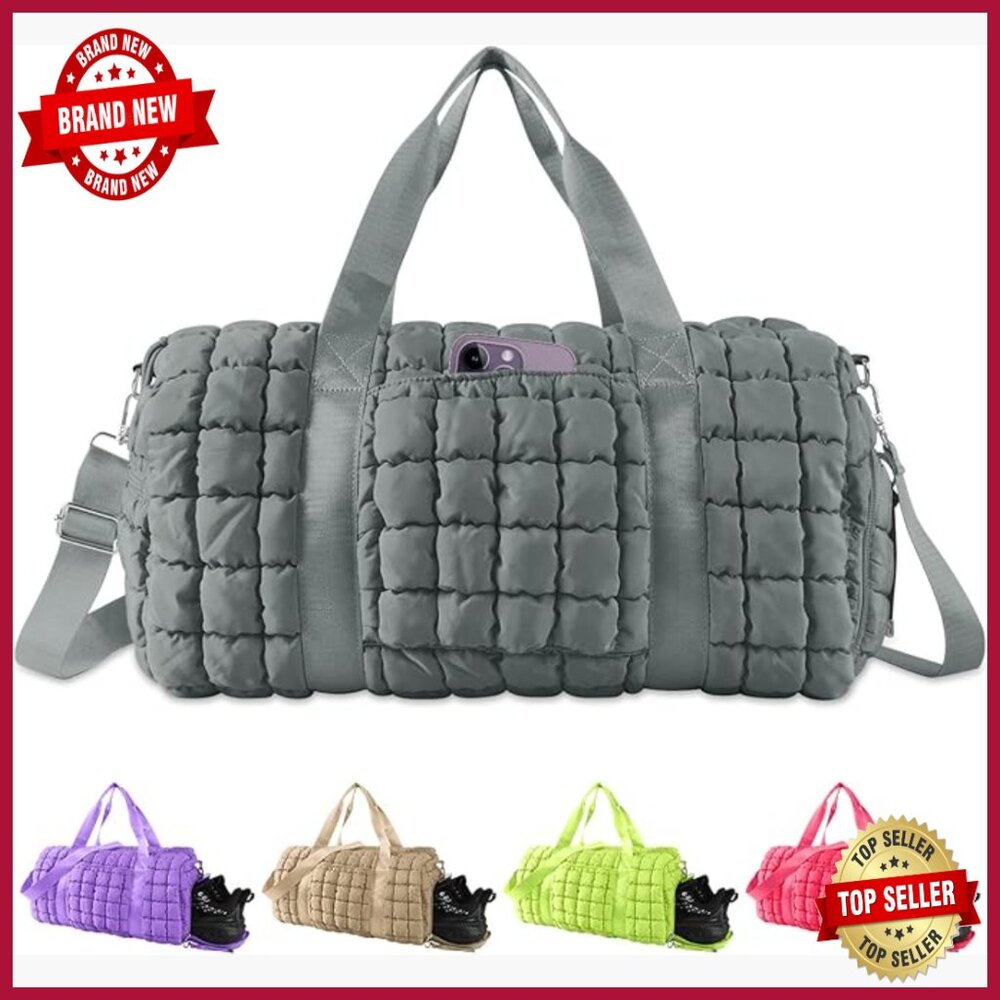 Large Quilted Puffer Duffle Bag With Multiple Compartments For Travel Gym